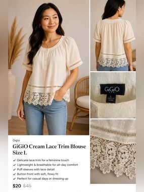 GiGiO Cream Lace Trim Blouse Size L
